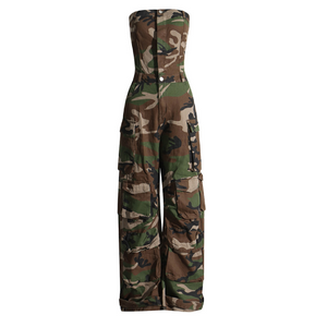 KAMFE HOM Street Style Tube Top Multi-Pocket Denim Overalls Jumpsuit -Camo