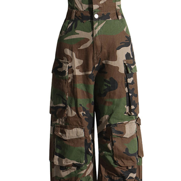 KAMFE HOM Street Style Tube Top Multi-Pocket Denim Overalls Jumpsuit -Camo