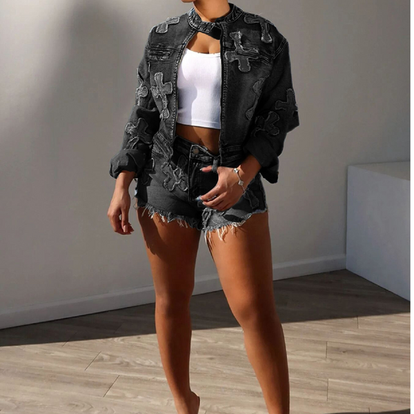 KAMFE HOM - Trendy Chic Denim Spring Stretchy Short Suit -Short Suit - Black