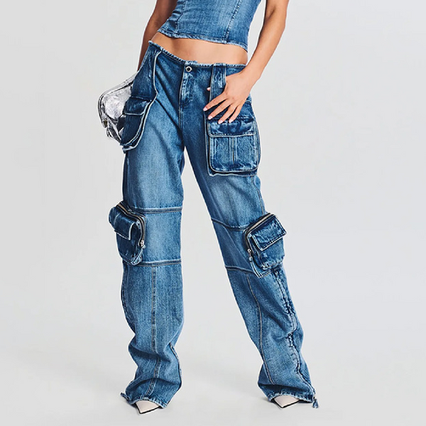 KAMFE HOM-Stretch Cargo Straight Leg Side Zipper Slit Denim High Waist Jean -Blue