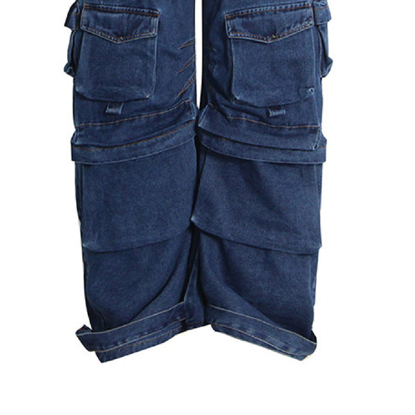 KAMFE HOM Splicing Multi-Pocket Overalls Street Long Wide Leg Denim Pants - Dark Blue