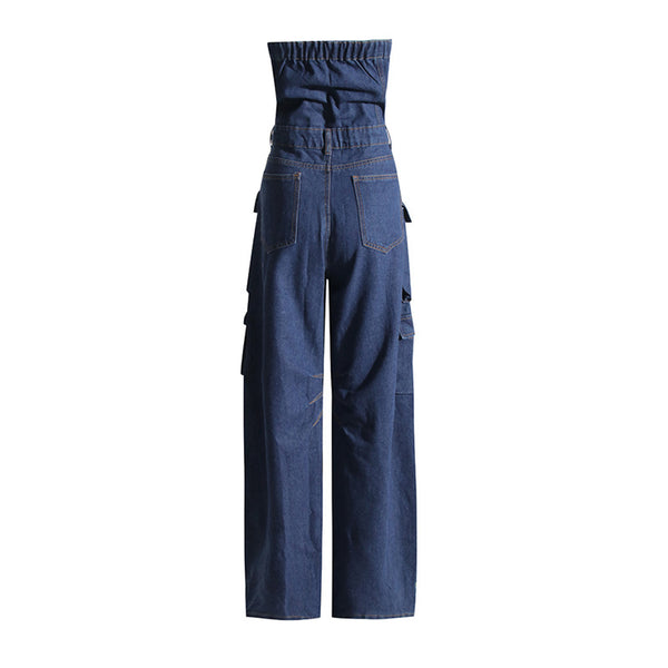 KAMFE HOM Street Style Tube Top Multi-Pocket Denim Overalls Jumpsuit -Ribbed Blue