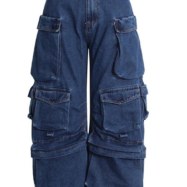 KAMFE HOM Splicing Multi-Pocket Overalls Street Long Wide Leg Denim Pants - Dark Blue