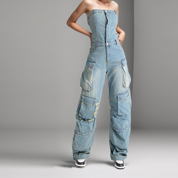 KAMFE HOM Street Style Tube Top Multi-Pocket Denim Overalls Jumpsuit - Light Blue