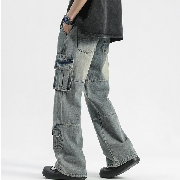 KAMFE HOM Hip-Hop Street Wide-Leg Jeans Men's Ins Niche Splicing Denim