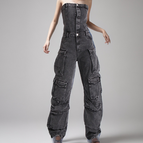 KAMFE HOM Street Style Tube Top Multi-Pocket Denim Overalls Jumpsuit - Dark Grey