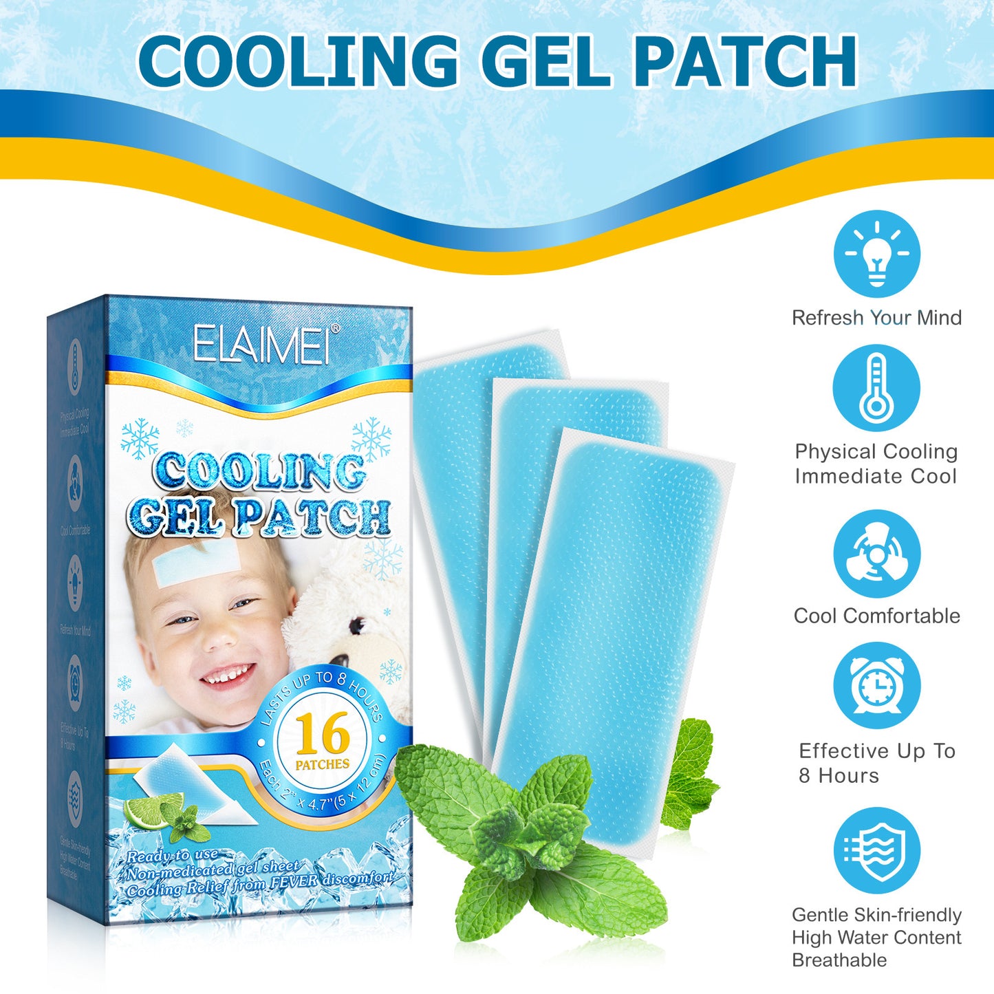 ELAIMEI - Cooling Gel Fever Patches Headache Patches -16 Patches