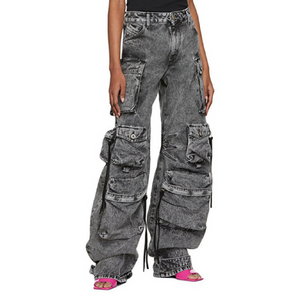 KAMFE HOM Splicing Multi-Pocket Overalls Street Long Wide Leg Denim Pants - Grey