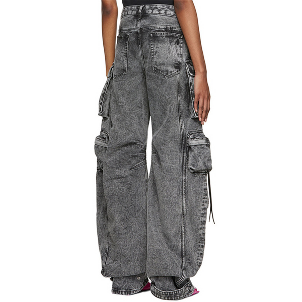 KAMFE HOM Splicing Multi-Pocket Overalls Street Long Wide Leg Denim Pants - Grey