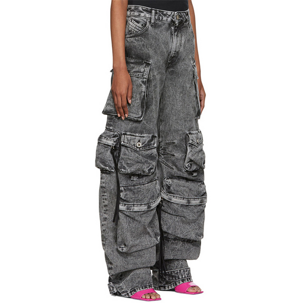 KAMFE HOM Splicing Multi-Pocket Overalls Street Long Wide Leg Denim Pants - Grey