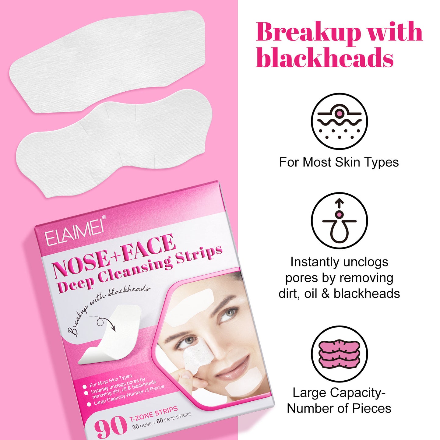 ELAIMEI Blackhead Remover Peel-off Nose Patch Remove Acne Cleansing 90pcs