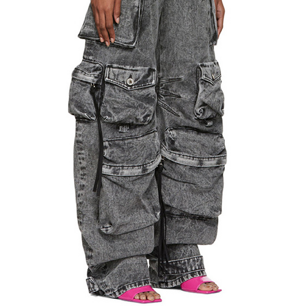 KAMFE HOM Splicing Multi-Pocket Overalls Street Long Wide Leg Denim Pants - Grey