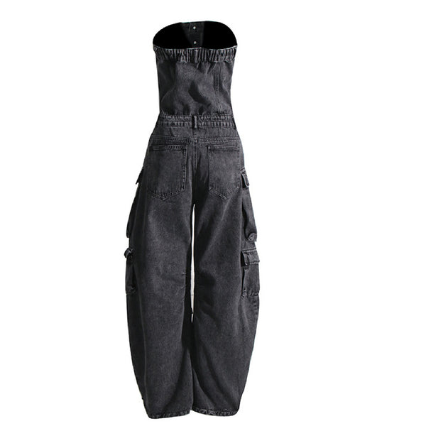 KAMFE HOM Street Style Tube Top Multi-Pocket Denim Overalls Jumpsuit - Dark Grey