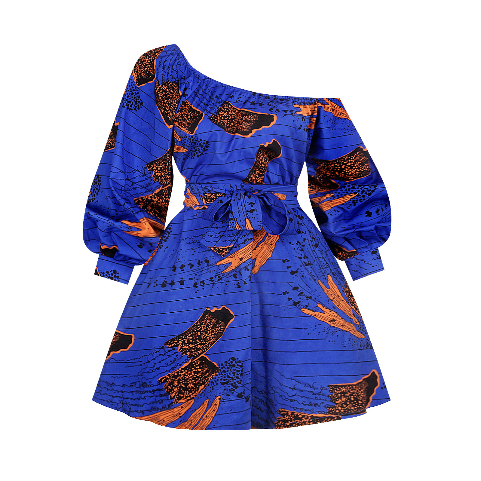 Womens African Style Print Mini Swing Short Dress Top Light Material- Blue