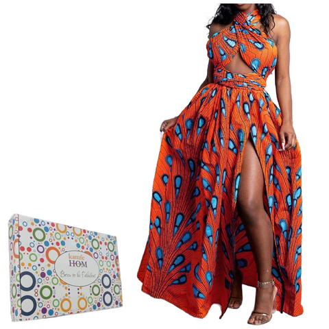 Elegant Feather Print Lightweight African Dress -Slit Long Skirt-Orange