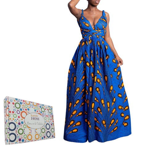 Elegant Feather Print Lightweight African Dress -Slit Long Skirt-Blue