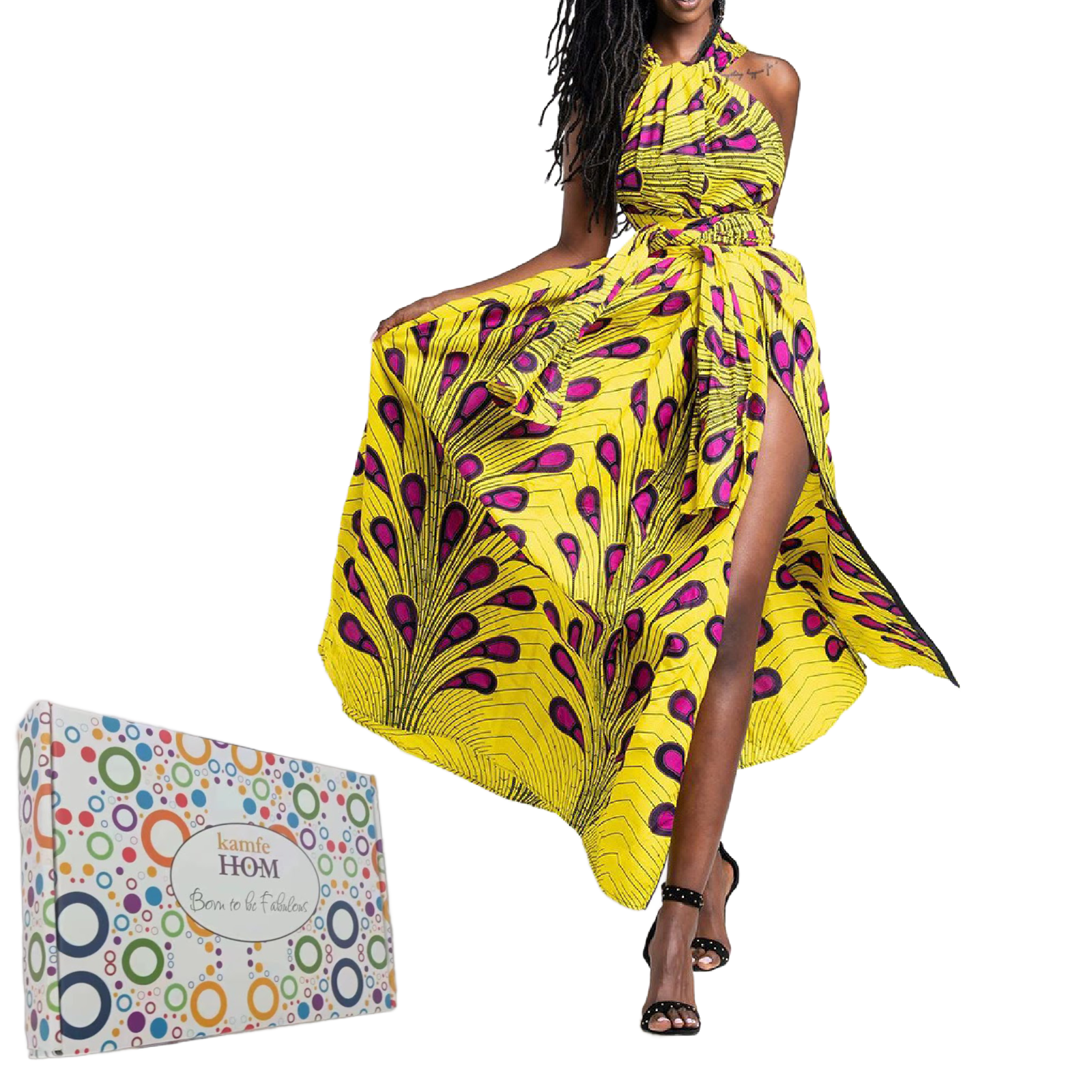 Elegant Feather Print Lightweight African Dress -Slit Long Skirt-Yellow