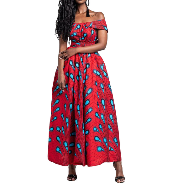 Elegant Feather Print Lightweight African Dress -Slit Long Skirt-Red