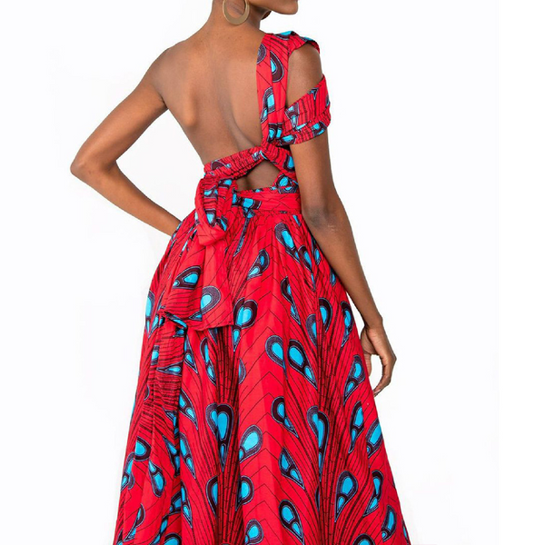 Elegant Feather Print Lightweight African Dress -Slit Long Skirt-Red