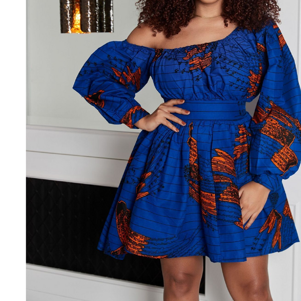 Womens African Style Print Mini Swing Short Dress Top Light Material- Blue