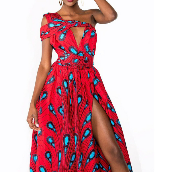 Elegant Feather Print Lightweight African Dress -Slit Long Skirt-Red