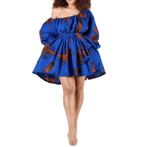 Womens African Style Print Mini Swing Short Dress Top Light Material- Blue