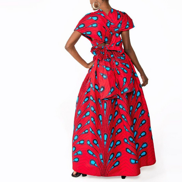 Elegant Feather Print Lightweight African Dress -Slit Long Skirt-Red