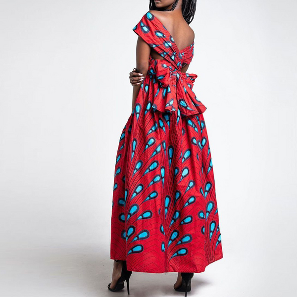 Elegant Feather Print Lightweight African Dress -Slit Long Skirt-Red