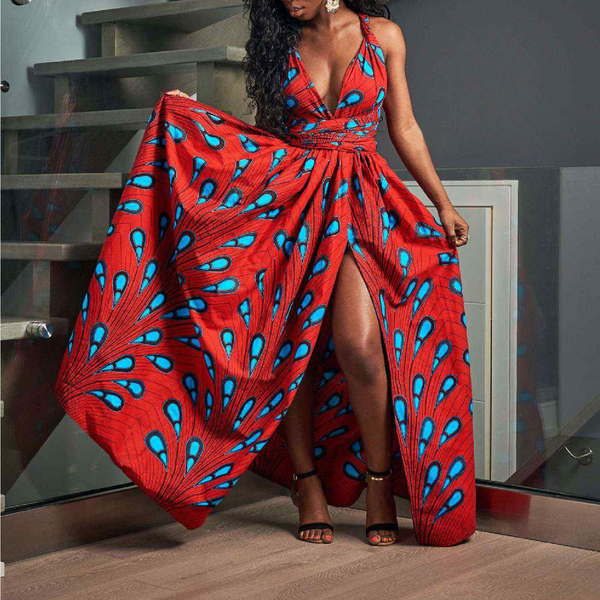 Elegant Feather Print Lightweight African Dress -Slit Long Skirt-Red