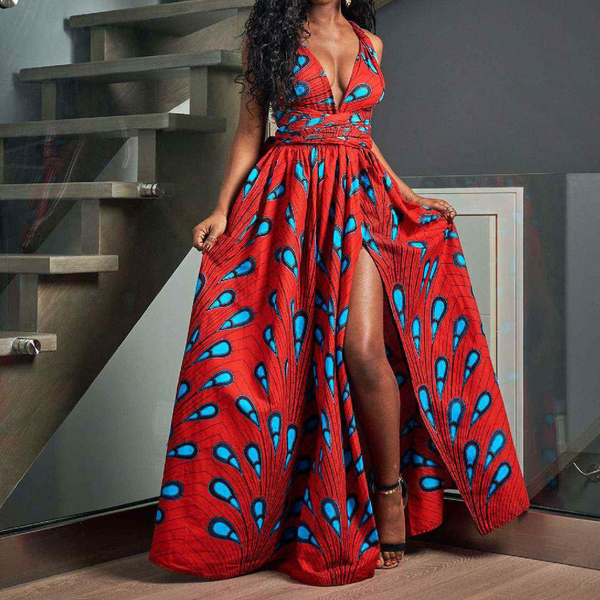 Elegant Feather Print Lightweight African Dress -Slit Long Skirt-Red