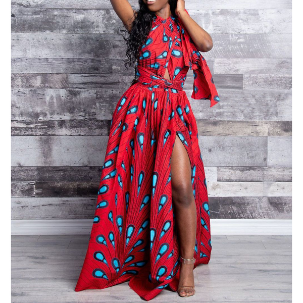 Elegant Feather Print Lightweight African Dress -Slit Long Skirt-Red