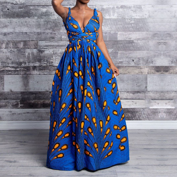 Elegant Feather Print Lightweight African Dress -Slit Long Skirt-Blue