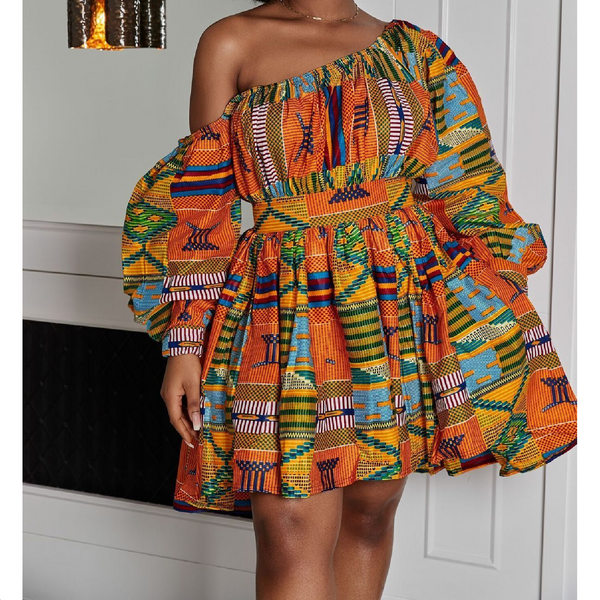 Womens African Style Print Mini Swing Short Dress Top Light Material- Yellow