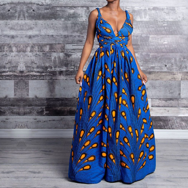 Elegant Feather Print Lightweight African Dress -Slit Long Skirt-Blue