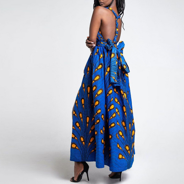 Elegant Feather Print Lightweight African Dress -Slit Long Skirt-Blue