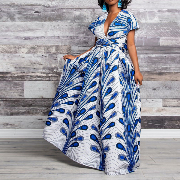 Elegant Feather Print Lightweight African Dress -Slit Long Skirt-White