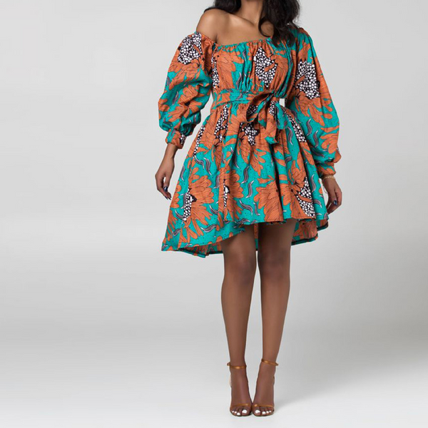 Womens African Style Print Mini Swing Short Dress Top Light Material- Cyan