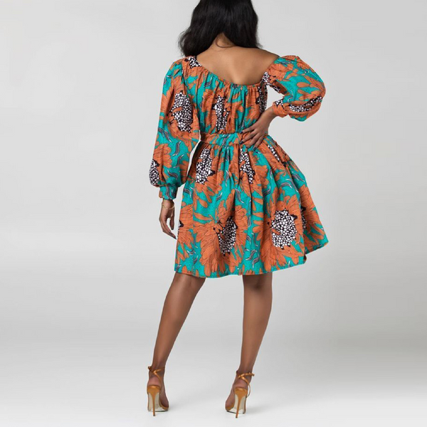 Womens African Style Print Mini Swing Short Dress Top Light Material- Cyan