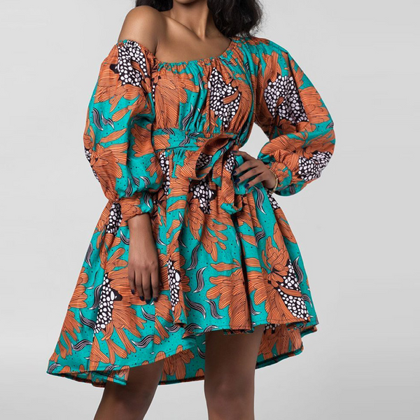 Womens African Style Print Mini Swing Short Dress Top Light Material- Cyan