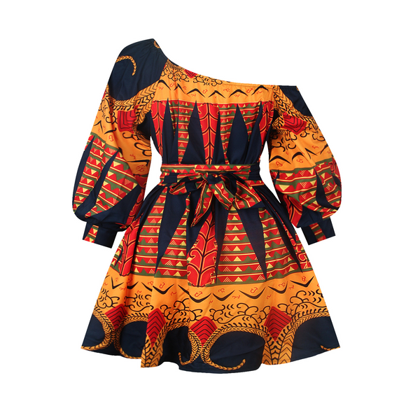 Womens African Style Print Mini Swing Short Dress Top Light Material- Black Orange