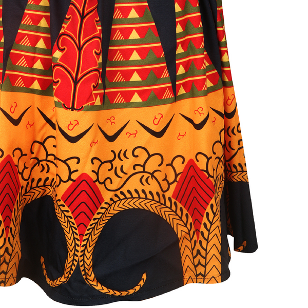 Womens African Style Print Mini Swing Short Dress Top Light Material- Black Orange