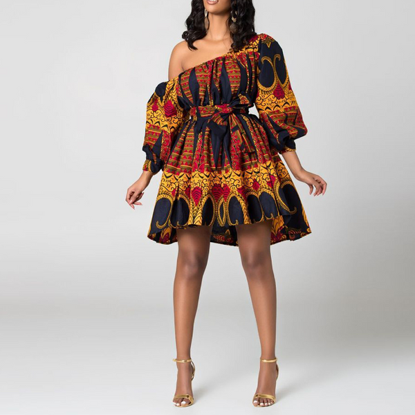 Womens African Style Print Mini Swing Short Dress Top Light Material- Black Orange