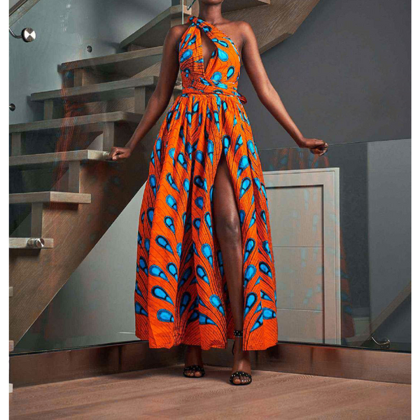 Elegant Feather Print Lightweight African Dress -Slit Long Skirt-Orange