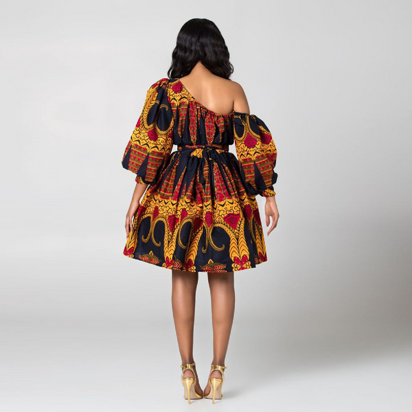 Womens African Style Print Mini Swing Short Dress Top Light Material- Black Orange