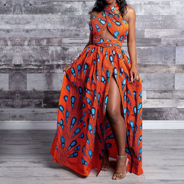 Elegant Feather Print Lightweight African Dress -Slit Long Skirt-Orange