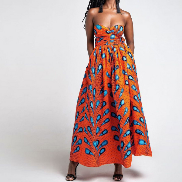 Elegant Feather Print Lightweight African Dress -Slit Long Skirt-Orange