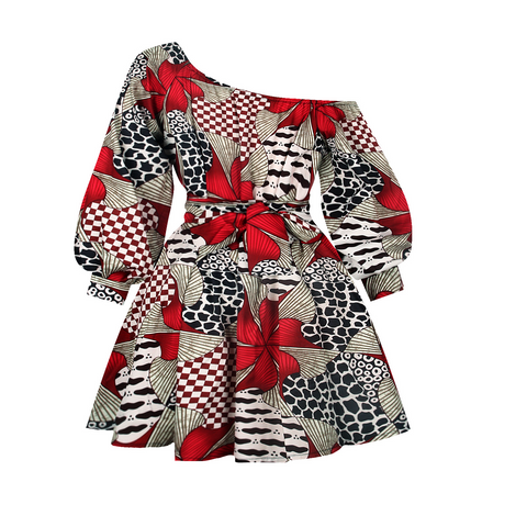 Womens African Style Print Mini Swing Short Dress Top Light Material- Red