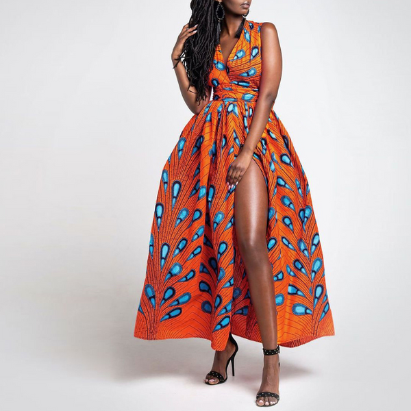 Elegant Feather Print Lightweight African Dress -Slit Long Skirt-Orange