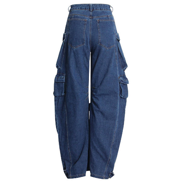 KAMFE HOM Splicing Multi-Pocket Overalls Street Long Wide Leg Denim Pants - Dark Blue