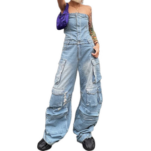 KAMFE HOM Street Style Tube Top Multi-Pocket Denim Overalls Jumpsuit - Light Blue